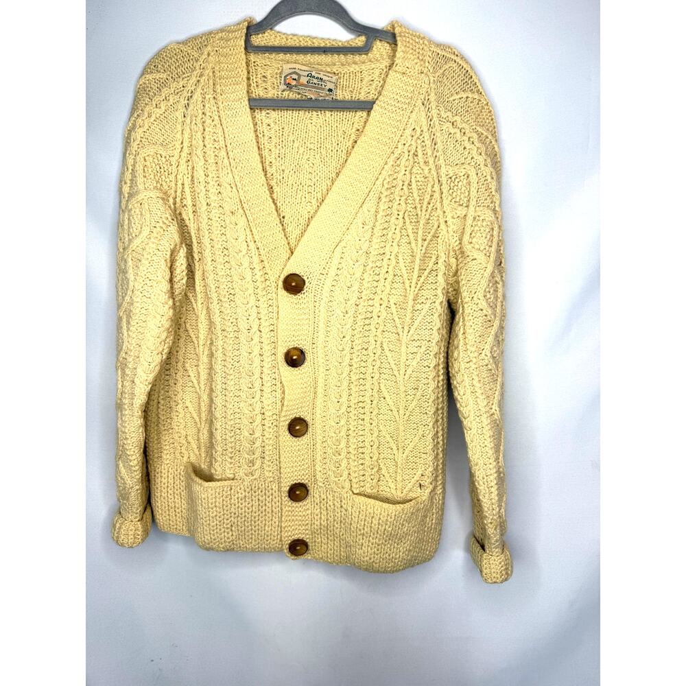 Vintage Aran Islander Wool Cardigan Sweater Mens L Cream Cable Knit Irish